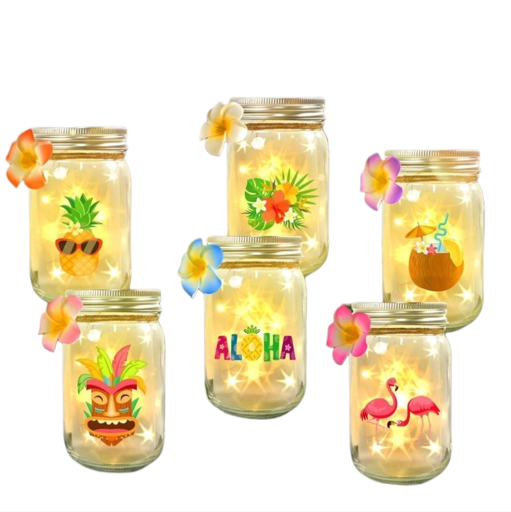 NEW - Tropical LED Mason Jar Lights - Set of 6 Hawiian Luau~Flamingos~Pineapple